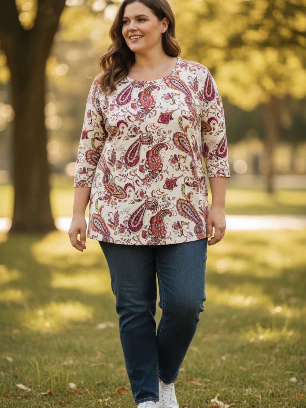 Women's Paisley Print Boatneck Blouse in Cream and Burgundy 100% cotton